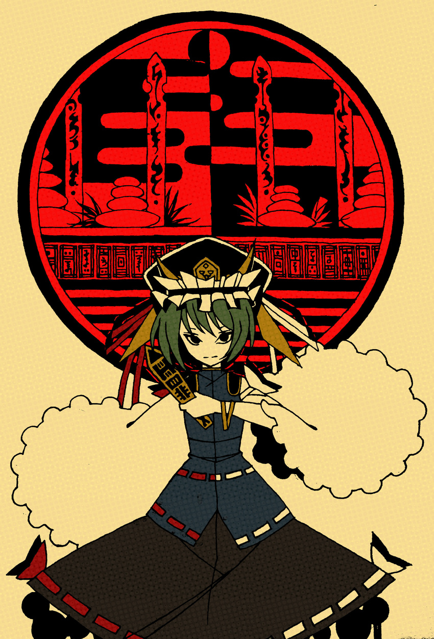 absurdres black_eyes boku_(isizakitakasi) green_hair hat highres ribbon rod_of_remorse shiki_eiki short_hair touhou yellow_background