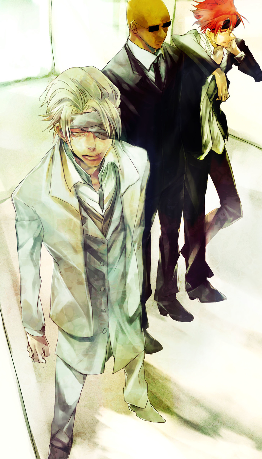 3boys artist_request bald bandage blonde_hair final_fantasy final_fantasy_vii formal multiple_boys necktie red_hair reno rude rufus_shinra standing suit sunglasses