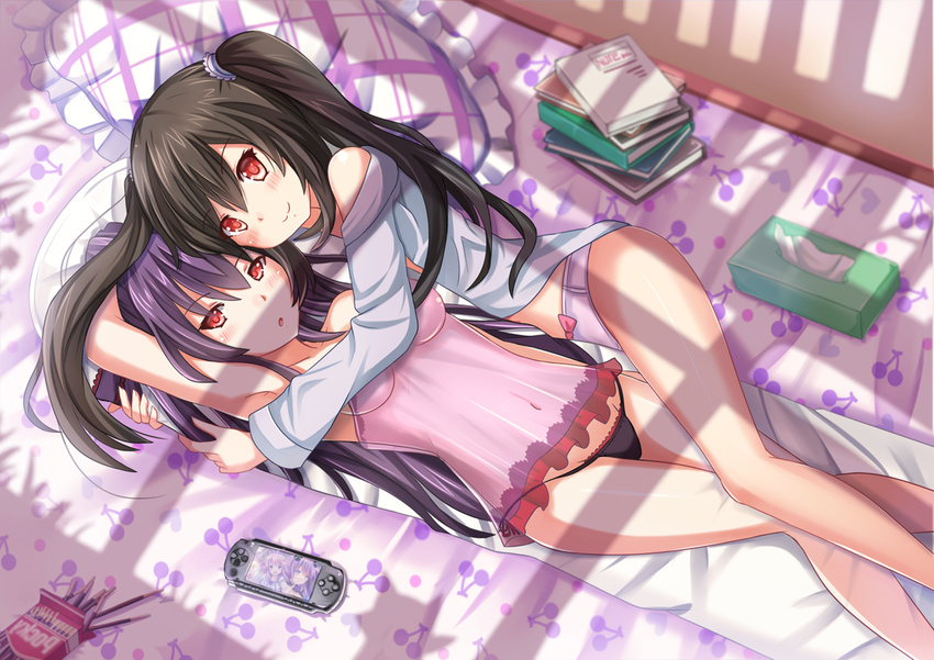 :o arm_up armpits babydoll bed black_hair black_panties blush book bow bow_panties breasts cherry dakimakura_(object) dual_persona food from_above fruit groin handheld_game_console heart highres hug kazenokaze long_hair long_sleeves looking_at_viewer lying medium_breasts multiple_girls navel neptune_(choujigen_game_neptune) neptune_(series) off_shoulder on_bed on_side original panties pile pillow playstation_portable pocky purple_hair purple_heart purple_panties red_eyes see-through shirt silhouette smile tissue_box twintails underwear very_long_hair window_shade