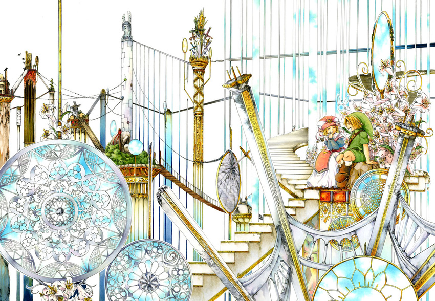 1girl abstract bad_id bad_pixiv_id bird blonde_hair broccoli_(arupuru) broken_mirror child fairy flower hat link mirror navi pillar pointy_ears princess_zelda rock smile stairs sword the_legend_of_zelda the_legend_of_zelda:_ocarina_of_time weapon white_background young_link