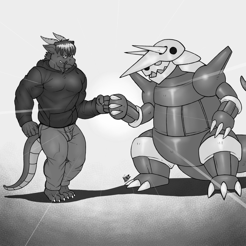 3_toes aggron anthro brofist chinese_dragon claws clothing dragon eyewear fb1907 fur glasses horn male nintendo plain_background pok&#233;mon pok&eacute;mon quazy reptile scalie video_games