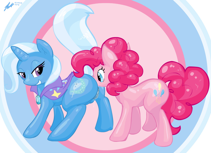 anal blue_eyes blue_fur cutie_mark duo equine female feral friendship_is_magic fur hair half-closed_eyes horn horse lesbian mammal my_little_pony oral oral_sex pink_fur pink_hair pinkie_pie_(mlp) pony purple_eyes pussy pussy_juice raised_tail rimming sex shinekolt smile standing trixie_(mlp) two_tone_hair unicorn unknown_artist