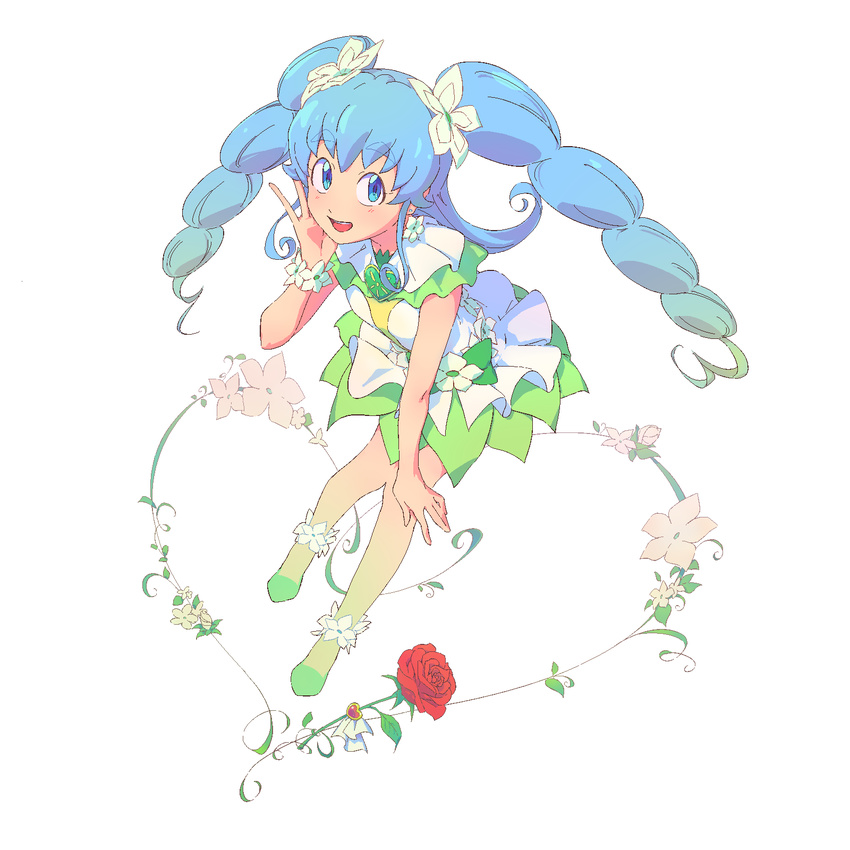 alternate_form anklet bare_legs blue_eyes blue_hair cure_princess earrings flower full_body green_skirt hair_flower hair_ornament happinesscharge_precure! highres jewelry kotobukidaifuku long_hair macadamia_hula_dance magical_girl oekaki precure red_flower red_rose rose shirayuki_hime shoes skirt smile solo twintails two_side_up white_background