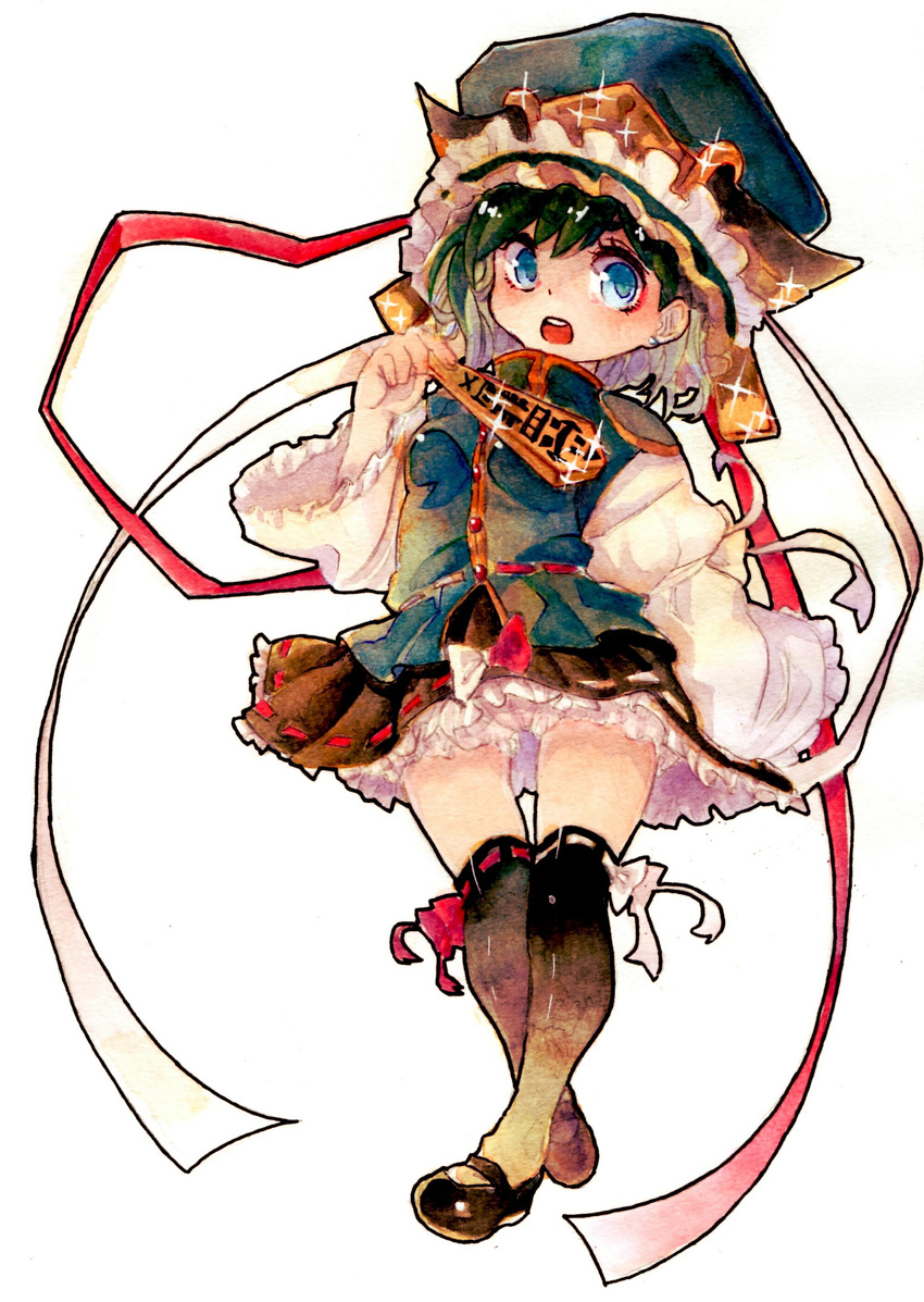 absurdres blue_eyes bow frilled_skirt frills green_hair hat hat_ribbon highres juliet_sleeves long_sleeves looking_at_viewer mary_janes open_mouth puffy_sleeves ribbon rod_of_remorse senritsu_(alchemy_sss) shiki_eiki shoes short_hair skirt solo thighhighs touhou vest