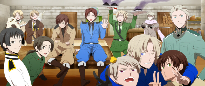 ahoge aircraft airplane america_(hetalia) aqua_eyes axis_powers_hetalia bad_id bad_pixiv_id bangs bear belt bird black_eyes black_hair blonde_hair blue_eyes boots brown_eyes brown_hair burnt cameo canaan_(character) carpet chair china_(hetalia) closed_eyes coat collared_shirt door everyone eyes facial_hair faucet food france_(hetalia) germany_(hetalia) gilbird glasses globe green_eyes hello_kitty hetaoni holding hug jacket japan_(hetalia) kumajirou_(hetalia) lead_pipe looking_at_viewer military military_uniform miyamayomema mochi multiple_boys necktie northern_italy_(hetalia) one_eye_closed open_mouth parted_bangs plate pocket polar_bear prussia_(hetalia) purple_eyes room russia_(hetalia) shiny shirt short_hair silver_hair sitting smile smoke southern_italy_(hetalia) spain_(hetalia) star symbol table teeth uniform united_kingdom_(hetalia) v wagashi