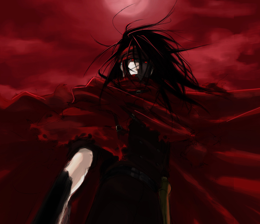 1boy black_hair cape final_fantasy final_fantasy_vii glowing glowing_eyes highres long_hair looking_at_viewer male male_focus red_eyes satowo solo vincent_valentine