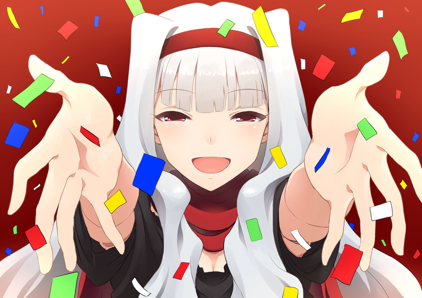 :d armpit_peek confetti hairband idolmaster idolmaster_(classic) long_hair open_mouth outstretched_arms red_background red_eyes scarf shijou_takane shimejirou short_sleeves silver_hair smile solo upper_body