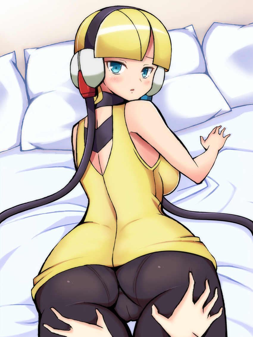 ass ass_grab bangs blonde_hair blue_eyes cameltoe choker chro_(rulurullu) from_behind grabbing_another's_ass groping headphones highres kamitsure_(pokemon) looking_at_viewer on_bed panties panties_under_pantyhose pantyhose pillow pokemon pokemon_(game) pokemon_bw pov shirt short_hair sleeveless sleeveless_shirt solo_focus underwear