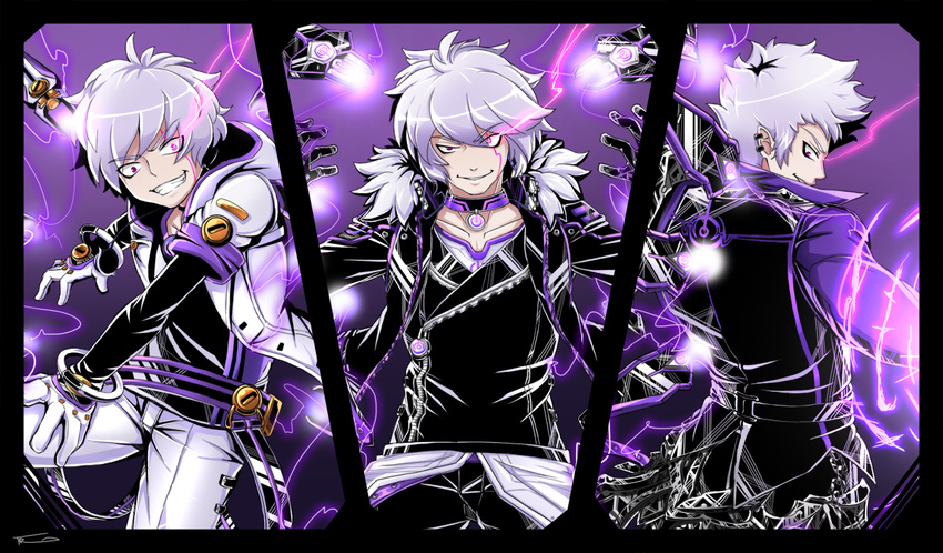 add_(elsword) bad_id bad_pixiv_id choker column_lineup electricity elsword facial_mark gloves grin jacket lunatic_psyker_(elsword) male_focus messy_hair multiple_boys multiple_persona psychic_tracer_(elsword) purple_background purple_eyes shirt smile srow tattoo tracer_(elsword) white_hair wide-eyed