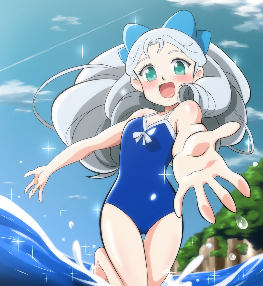 :d barefoot battle_spirits battle_spirits:_shounen_toppa_bashin big_hair blue_swimsuit blurry blush body_blush bow breasts casual_one-piece_swimsuit cliff cloud day depth_of_field drill_hair foreshortening green_eyes hair_bow hands happy highres leg_lift long_hair looking_at_viewer one-piece_swimsuit open_mouth outdoors outstretched_arms sagamimok sawaragi_kyouka silver_hair sky small_breasts smile solo sparkle standing standing_on_one_leg swimsuit thigh_gap wading water