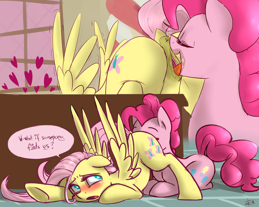 2014 anus blush butt cradeelcin cunnilingus cutie_mark dialog duo english_text equine eyes_closed female feral fluttershy_(mlp) friendship_is_magic fur hair horse inside lesbian long_hair mammal my_little_pony open_mouth oral oral_sex pegasus pink_fur pink_hair pinkie_pie_(mlp) pony pussy pussy_juice sex text tongue vaginal window wings yellow_fur