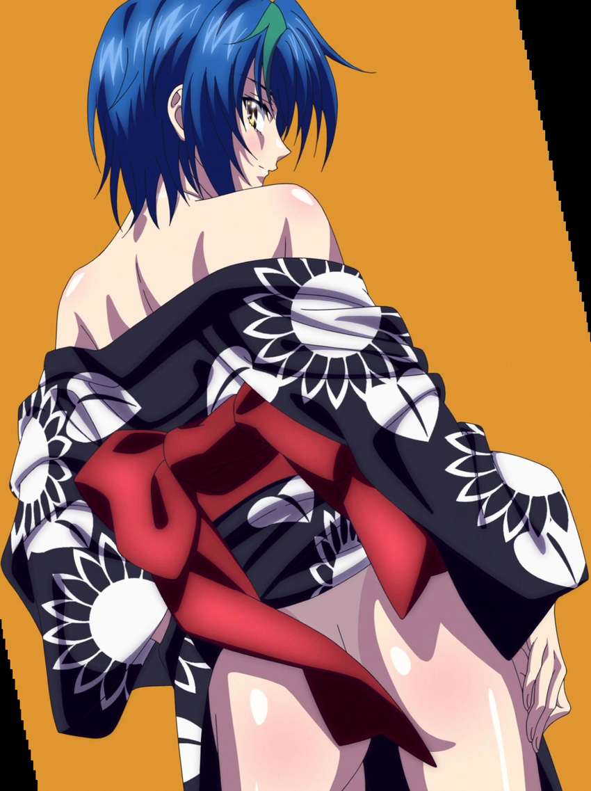 1girl ass blue_hair high_school_dxd highres japanese_clothes kimono looking_back short_hair smile solo stitched tan xenovia_(high_school_dxd) yellow_eyes yukata