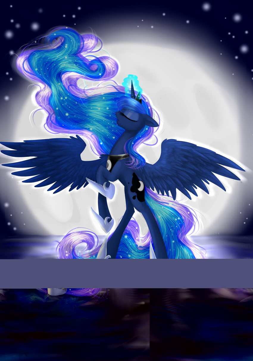 alice4444dm cutie_mark dancing equine female friendship_is_magic glowing horn horse mammal moon my_little_pony night pony princess_luna_(mlp) reflection solo sparkles standing stars water winged_unicorn wings