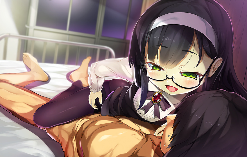 1girl ass bad_id bad_pixiv_id bed black_hair blush clothed_female_nude_male dress dress_lift girl_on_top glasses green_eyes hairband little_do_s_bitch long_hair lying naughty_face nude on_back panties panties_under_pantyhose pantyhose rika_(little_do_s_bitch) shimejinameko short_hair smile underwear