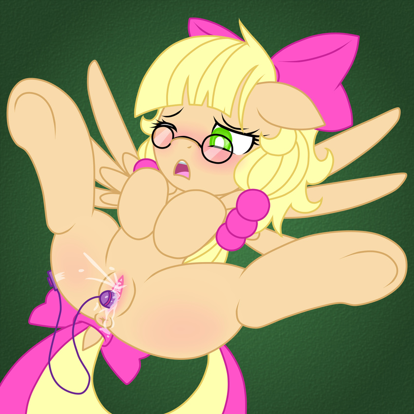 anus blonde_hair blush bow butt cream cum equine eyewear female feral friendship_is_magic glasses green_background green_eyes hair he4rtofcourage hooves horse insertion mammal my_little_pony nude one_eye_closed original_character pegasus penetration plain_background pony pussy pussy_juice registration_pony_(mlp) sex_toy sexual_toy solo spread_legs spreading toy vaginal vaginal_insertion vaginal_penetration vibrator wings