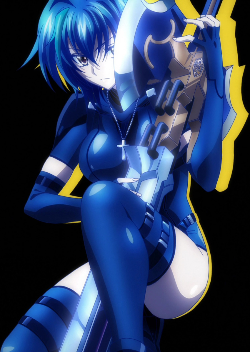 1girl blue_hair breasts cross high_school_dxd highres jewelry large_breasts looking_at_viewer necklace short_hair simple_background solo stitched sword weapon xenovia_(high_school_dxd) yellow_eyes