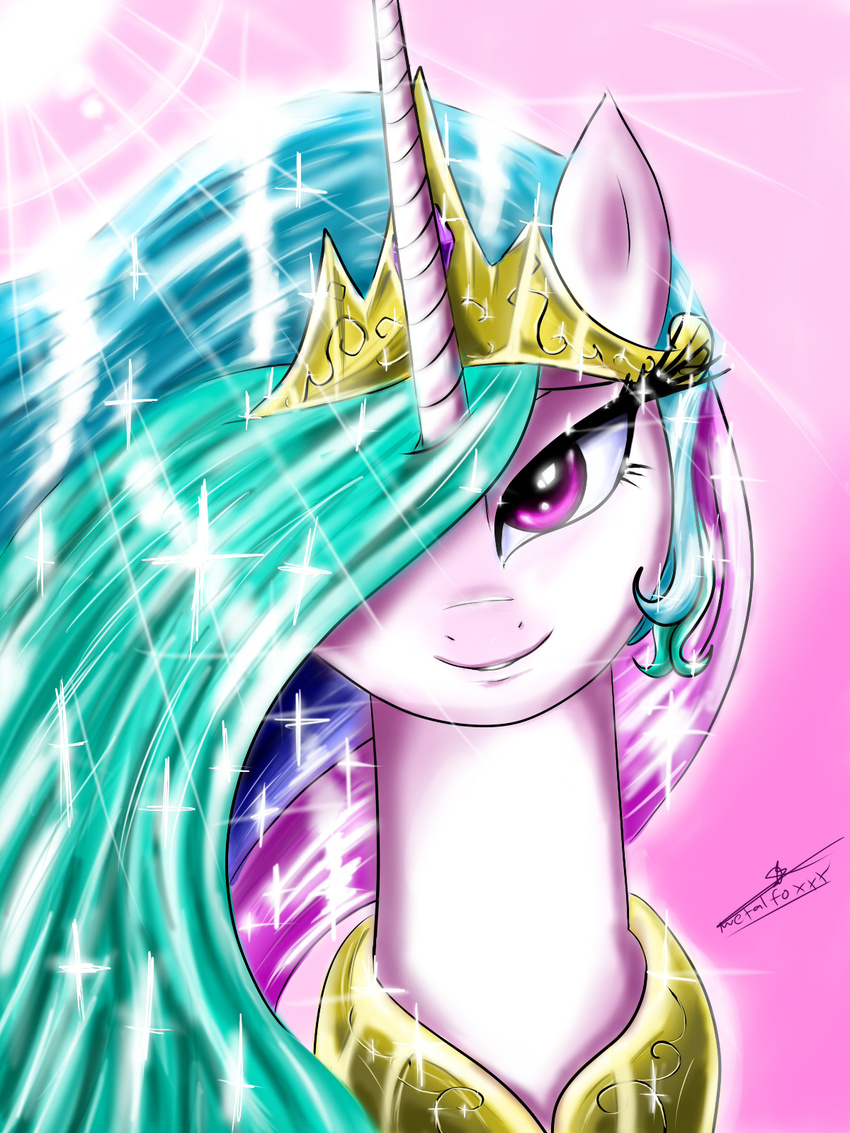 crown equine female friendship_is_magic gold hair horn horse mammal metalfoxxx multi-colored_hair my_little_pony necklace pony portrait princess_celestia_(mlp) purple_eyes shiny smile solo sparkles winged_unicorn wings