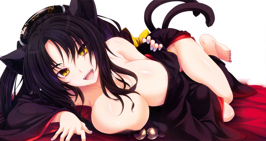 :d absurdres animal_ears barefoot black_hair breasts cat_ears cat_tail cleavage covered_nipples fangs hair_ornament hairband high_school_dxd highres japanese_clothes kimono kuroka_(high_school_dxd) large_breasts lipstick long_hair looking_at_viewer loose_clothes lying makeup miyama-zero multiple_tails nail_polish obi off_shoulder open_mouth purple_lipstick purple_nails sash scan slit_pupils smile solo tail toenail_polish yellow_eyes