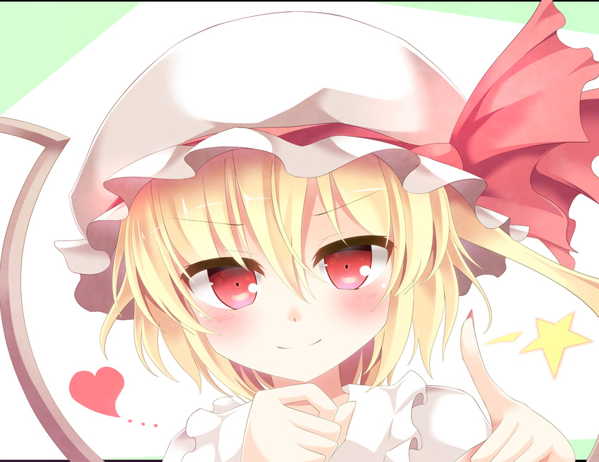 aibumi bad_id bad_pixiv_id blonde_hair blush commentary_request face flandre_scarlet hat hat_ribbon heart looking_at_viewer mob_cap pink_eyes ribbon smile solo star touhou upper_body wings