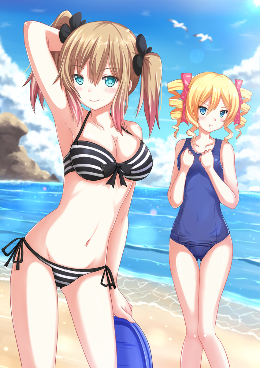 :t armpits ass_visible_through_thighs beach bikini bird blonde_hair blue_eyes blush breast_envy breasts brown_hair cleavage cloud crossover dairenji_suzuka day drill_hair hair_ribbon hamatora hand_behind_head highres honey_(hamatora) kazenokaze large_breasts lens_flare looking_at_viewer multiple_girls navel ocean one-piece_swimsuit outdoors pout ribbon school_swimsuit seagull season_connection short_hair side-tie_bikini sky small_breasts striped striped_bikini swimsuit thigh_gap tokyo_ravens twin_drills twintails water