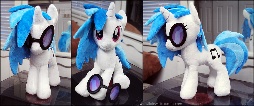 blue_hair buttercupbabyppg cutie_mark equine eyewear female friendship_is_magic glasses hair horn horse mammal my_little_pony plushie pony purple_eyes real record record_player sitting solo standing sunglasses two_tone_hair unicorn vinyl_scratch_(mlp)