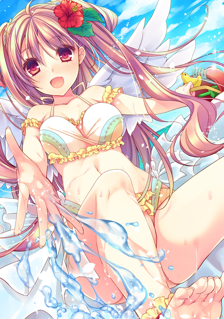 :d barefoot bikini breasts brown_eyes brown_hair bucket cleavage cocoa_(cafe-hotcocoa) day fang flower hair_flower hair_ornament halterneck hibiscus highres long_hair medium_breasts open_mouth original rake smile solo splashing swimsuit toes twintails very_long_hair white_bikini white_wings wings