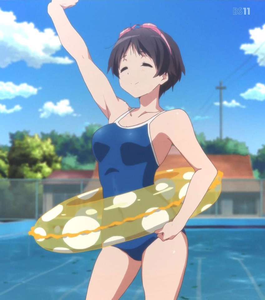 1girl black_hair chuunibyou_demo_koi_ga_shitai! cloud eyes_closed innertube pool screencap short_hair sky solo swimsuit tsuyuri_kumin