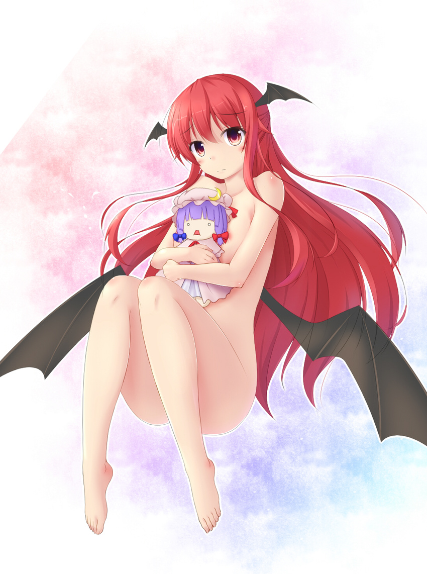 areolae bat_wings blush breasts character_doll head_wings highres hyonsan2 koakuma large_breasts long_hair looking_at_viewer multiple_wings nude patchouli_knowledge red_eyes red_hair solo touhou wings
