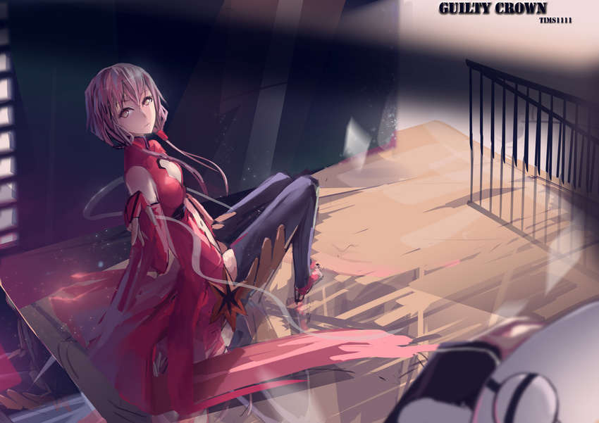 absurdres bare_shoulders black_legwear breasts center_opening cleavage copyright_name detached_sleeves elbow_gloves fingerless_gloves gloves guilty_crown hair_ornament hairclip highres long_hair looking_at_viewer medium_breasts mou_kankan navel pink_hair red_eyes sitting solo thighhighs twintails yuzuriha_inori