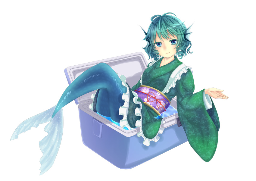 absurdres blue_hair cooler hand_up head_fins highres japanese_clothes kimono looking_at_viewer lying mermaid monster_girl obi oninoko sash short_hair smile solo touhou wakasagihime water wide_sleeves