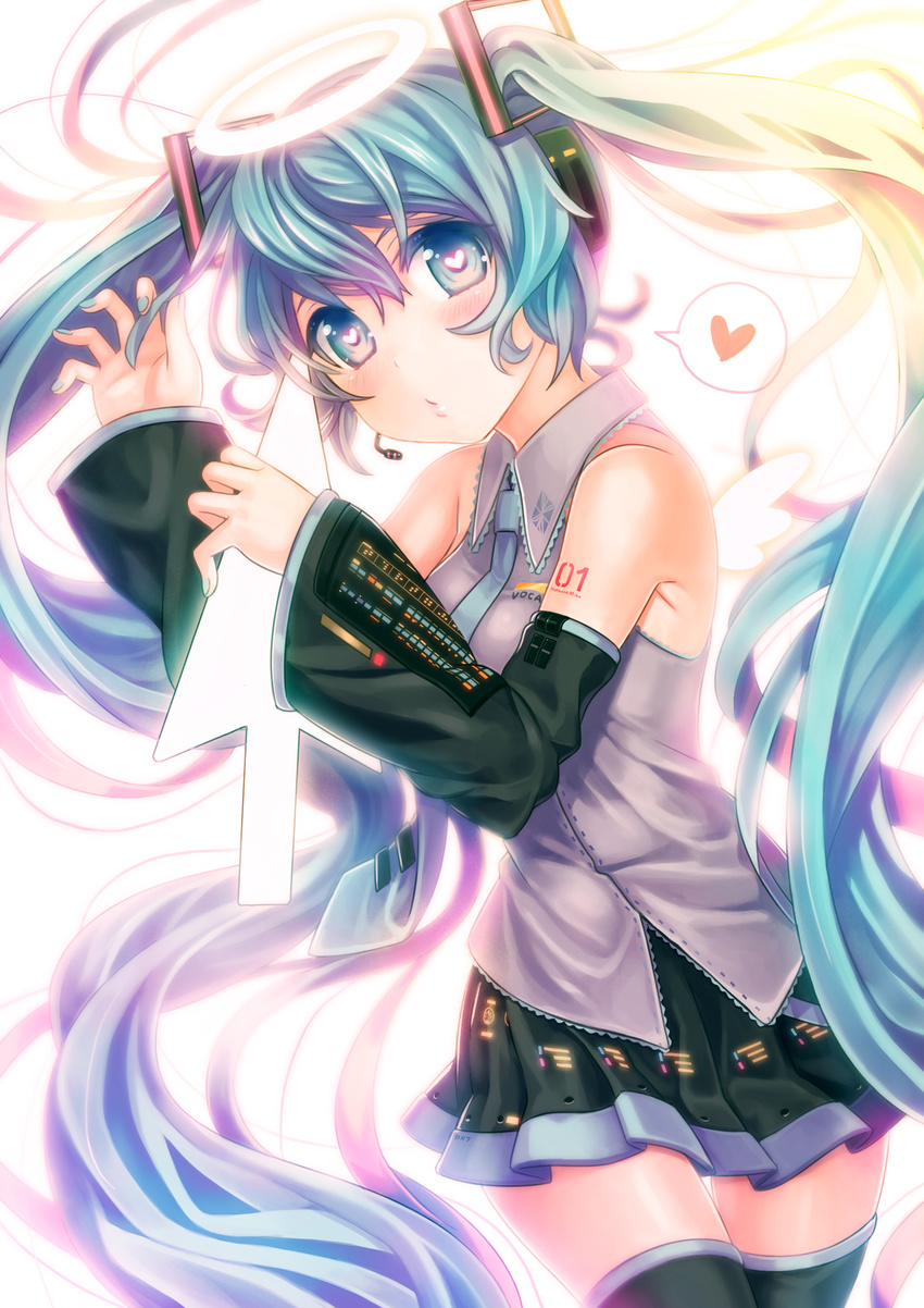 aqua_eyes aqua_hair aqua_nails blush cursor detached_sleeves electric_angel_(vocaloid) halo hatsune_miku headset heart heart-shaped_pupils highres long_hair nail_polish necktie nishiki_koi skirt solo spoken_heart symbol-shaped_pupils thighhighs twintails very_long_hair vocaloid zettai_ryouiki