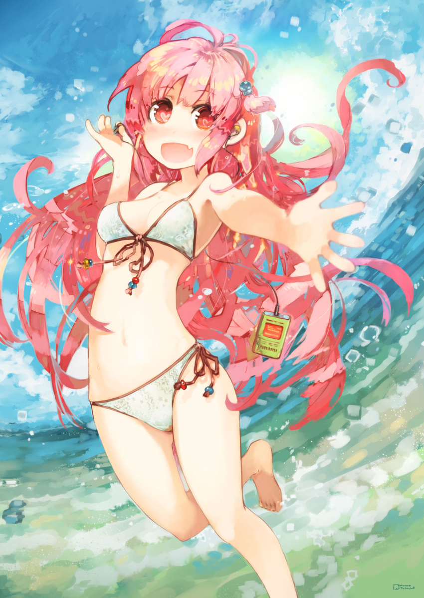 :d bikini blush breasts cleavage digital_media_player earbuds earphones fang front-tie_top full-face_blush hair_ornament heart heart-shaped_pupils highres konno_takashi long_hair looking_at_viewer md5_mismatch medium_breasts open_mouth original pink_hair red_eyes side-tie_bikini smile solo swimsuit symbol-shaped_pupils very_long_hair