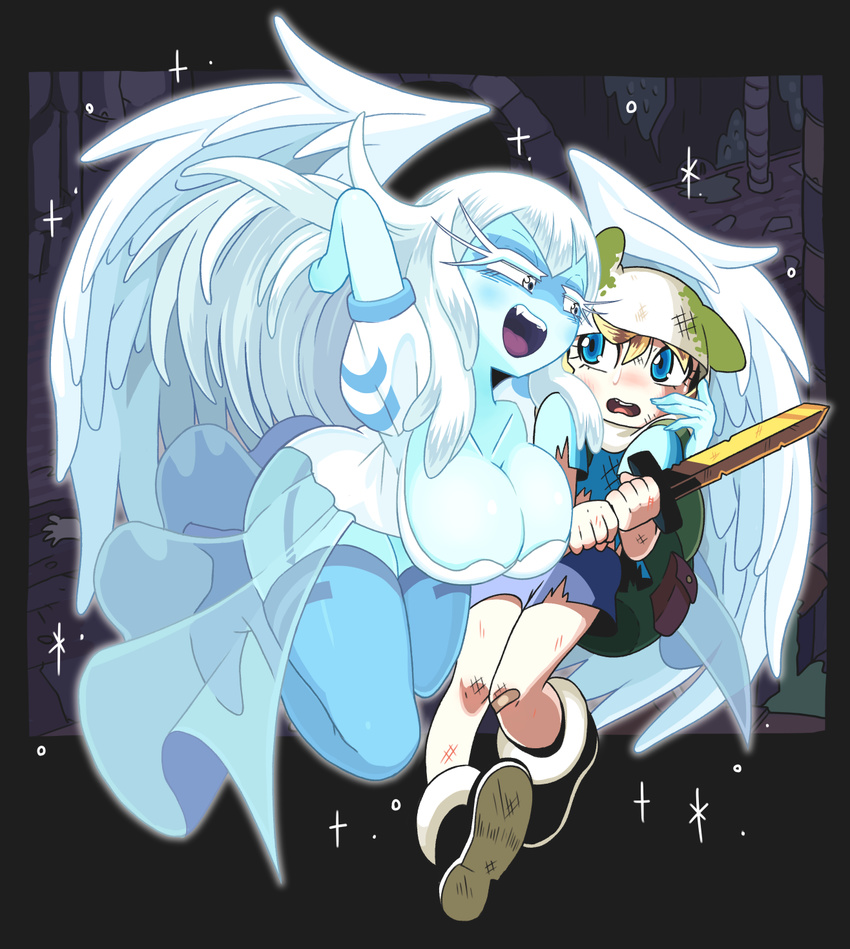 1boy 1girl adventure_time alternate_costume angel blue_skin breasts cartoon_network cleavage dirty finn gashi-gashi high_heels huge_breasts monster_girl shota silver_hair sparkle sparkles sword weapon wings