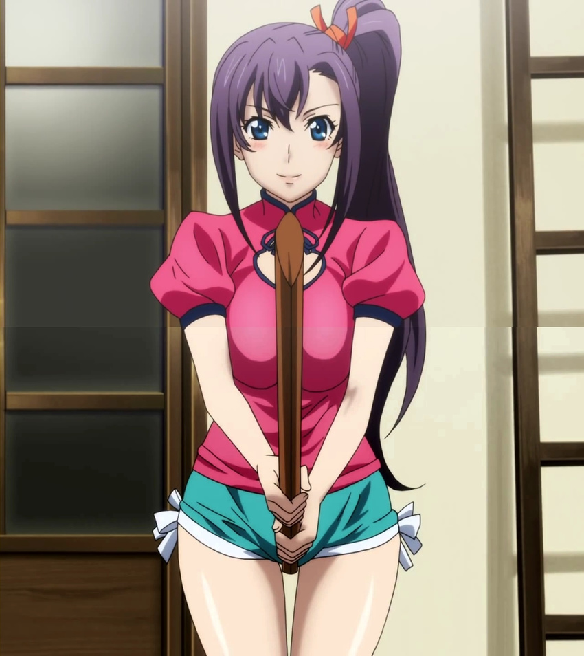 1girl amaya_haruko bamboo_blade blue_eyes blush breasts cleavage_cutout door female green_panties hair_ribbon highres hips holding indoors ladder long_hair looking_at_viewer maken-ki! no_pants panties puffy_sleeves purple_hair ribbon screencap shadow shiny shiny_skin short_sleeves smile solo standing stitched sword thigh_gap thighs turtleneck underwear weapon wooden_sword