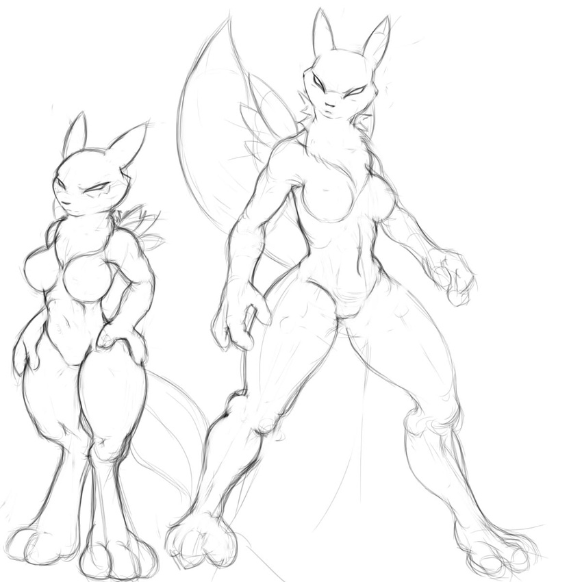 breasts chest_tuft digimon digitigrade exwolf85 female fur looking_at_viewer monochrome nude plain_background renamon sketch solo standing tufe tuft video_games white_background wide_hips