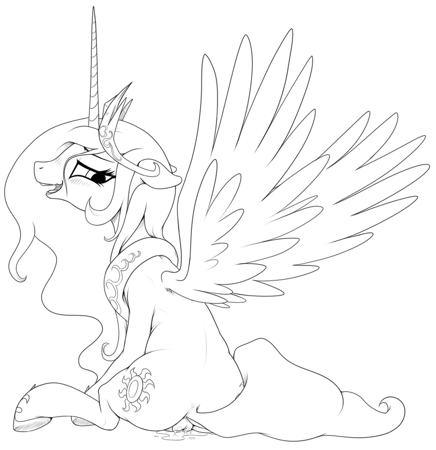 anus black_and_white blush crown cutie_mark equine female feral friendship_is_magic hair horn horse long_hair mammal monochrome my_little_pony open_mouth princess_celestia_(mlp) sitting solo stoic5 winged_unicorn wings