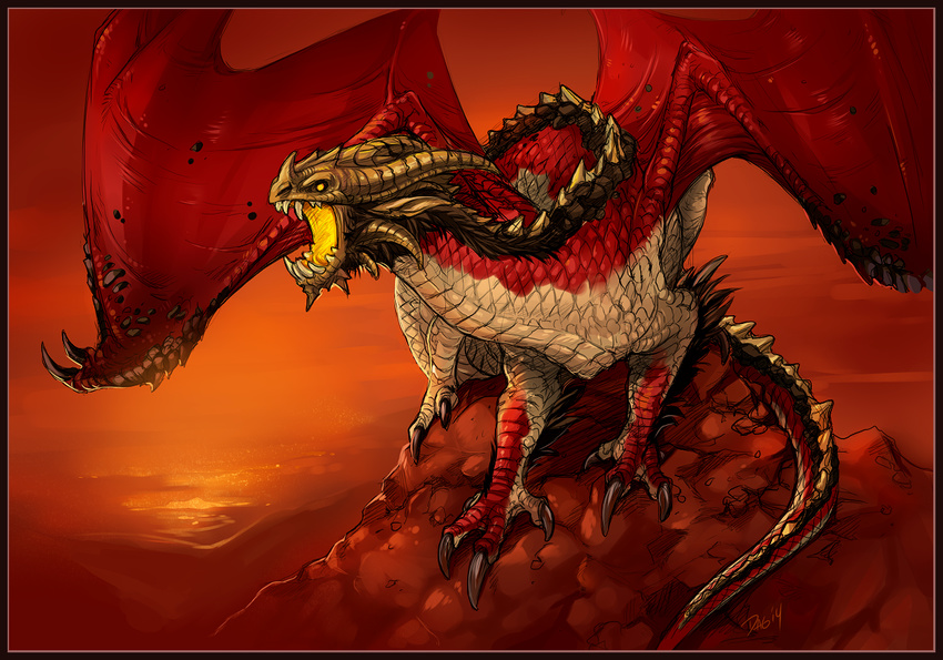 dragon feral gold invalid_tag knollspine_dragon magic:the_gathering magic_the_gathering open_mouth red_theme solo spines standing wings