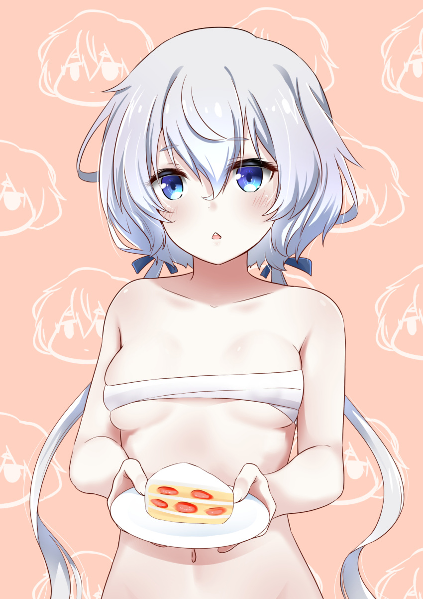 1girl :&lt; bangs blue_eyes blue_ribbon blush breasts brown_background budget_sarashi cake collarbone commentary_request eyebrows_visible_through_hair food hair_between_eyes hair_ribbon highres holding holding_plate konno_junko long_hair low_twintails mint_(cerbi) navel parted_lips plate ribbon sarashi silver_hair skindentation slice_of_cake small_breasts solo triangle_mouth twintails upper_body upper_teeth very_long_hair zombie_land_saga