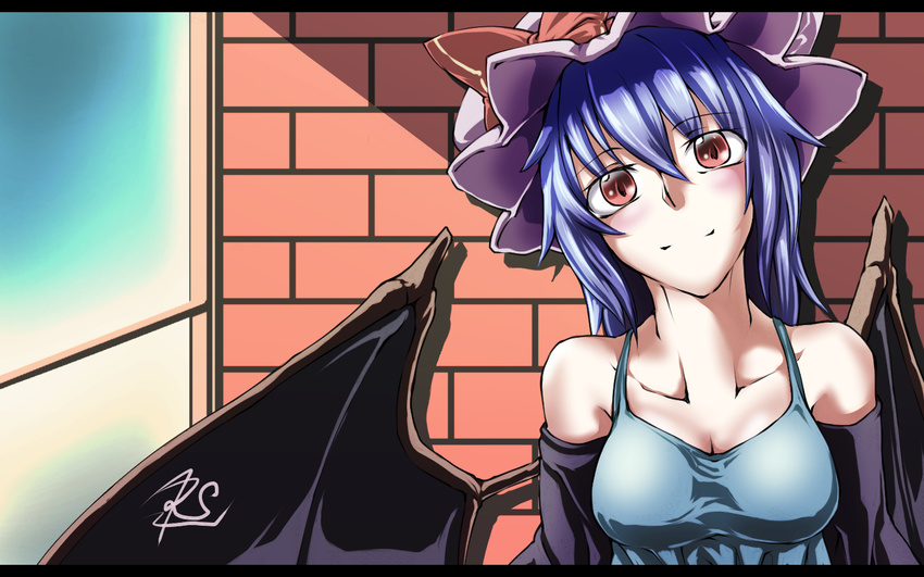 alternate_costume bare_shoulders bat_wings blue_hair blush breasts brick_wall cleavage collarbone hair_between_eyes hat hat_ribbon light_smile looking_at_viewer medium_breasts messy_hair older red_eyes remilia_scarlet ribbon running_bond ryuuno_stadtfeld short_hair smile solo touhou vampire wallpaper window wings