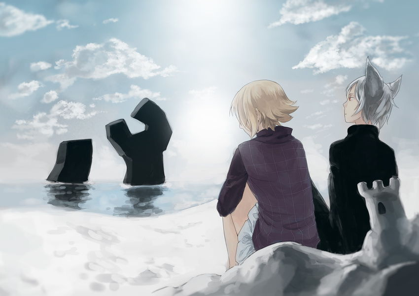 1girl absurdres animal_ears beach cloud day gehirnkaefer highres looking_afar ocean ookami_(yume_2kki) red_eyes sand_castle sand_sculpture short_hair sitting sky turtleneck urotsuki white_hair wolf_ears yume_2kki