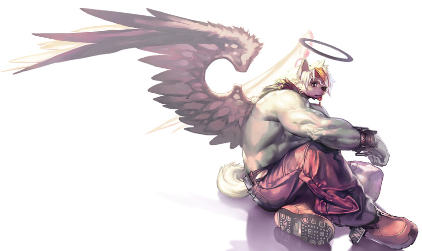 anthro back belt biceps big_muscles black_nose blonde_hair blue_eyes boots canine clothing cuffs cute footwear fur hair halo male mammal muscles pants pecs plain_background pose shoes sitting sleez solo toned topless white_background white_fur white_hair wings wolf