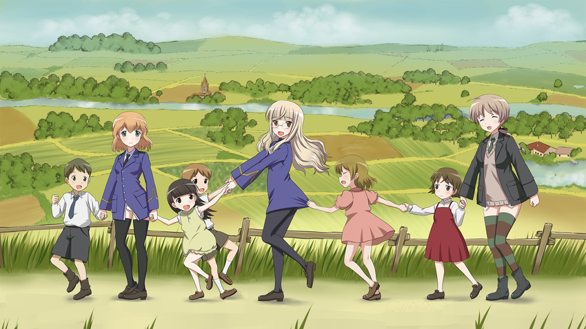 6+girls amelie_planchard black_legwear blonde_hair brown_eyes brown_hair child church cloud day dress fence field glasses green_eyes grey_eyes happy highres holding_hands house kaneko_(novram58) landscape long_hair lynette_bishop meadow military military_uniform multiple_boys multiple_girls necktie pantyhose perrine_h_clostermann river scenery short_hair shorts sky smile strike_witches striped striped_legwear thighhighs uniform world_witches_series