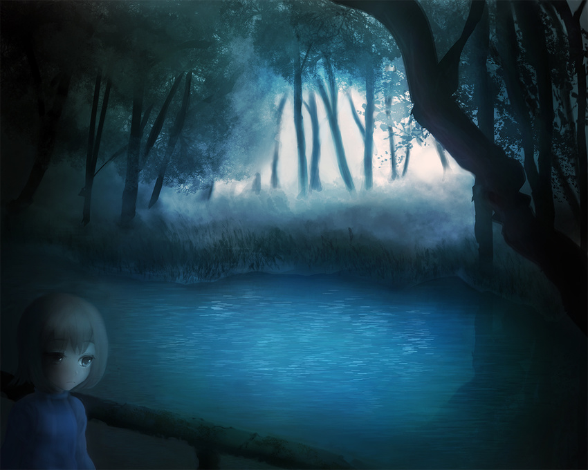 bad_id bad_pixiv_id blonde_hair blue expressionless forest lake looking_away nature short_hair solo urotsuki wao-n_(usagi30925) yume_2kki