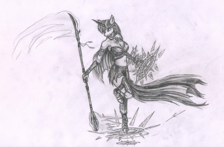 anthro anthrofied armor black_and_white blade breasts cleavage clothed clothing duo equine female friendship_is_magic glowing greyscale hair horn horse long_hair long_tail magic mammal metalfoxxx monochrome my_little_pony navel necklace polearm pony staff standing traditional_media twilight_sparkle_(mlp) unicorn