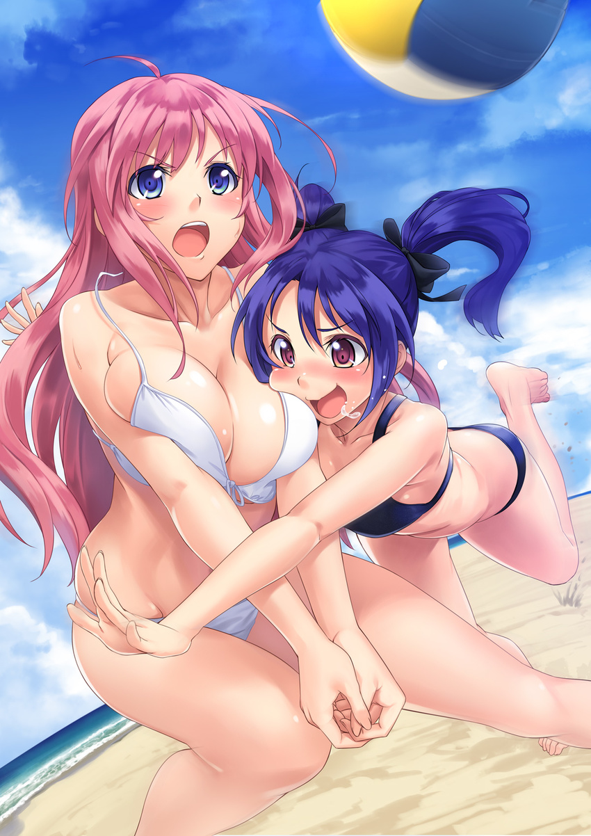 :d :o ahoge barefoot beach beach_volleyball bikini blue_eyes blush breasts brown_eyes cheek-to-breast cloud day drooling dutch_angle feet female_pervert hair_ribbon highres large_breasts long_hair multiple_girls navel open_mouth original outdoors pervert pink_hair purple_eyes purple_hair ribbon saliva sky smile swimsuit tenkuu_nozora toes twintails v-shaped_eyebrows v_arms volleyball water yuri