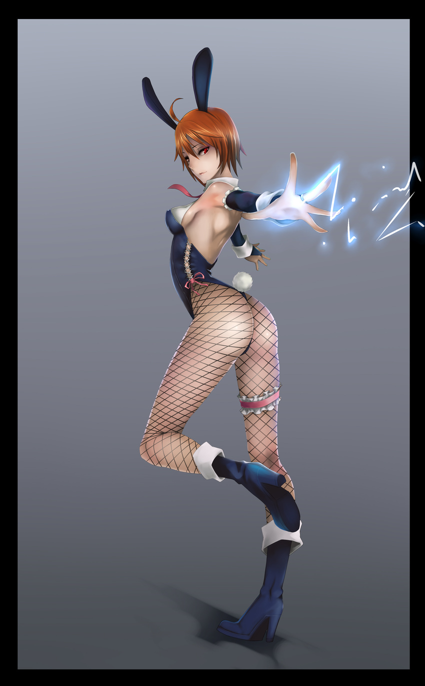 absurdres animal_ears ass boots brown_hair bunnysuit fishnet_pantyhose fishnets highres original pantyhose red_eyes short_hair solo tanke_laide
