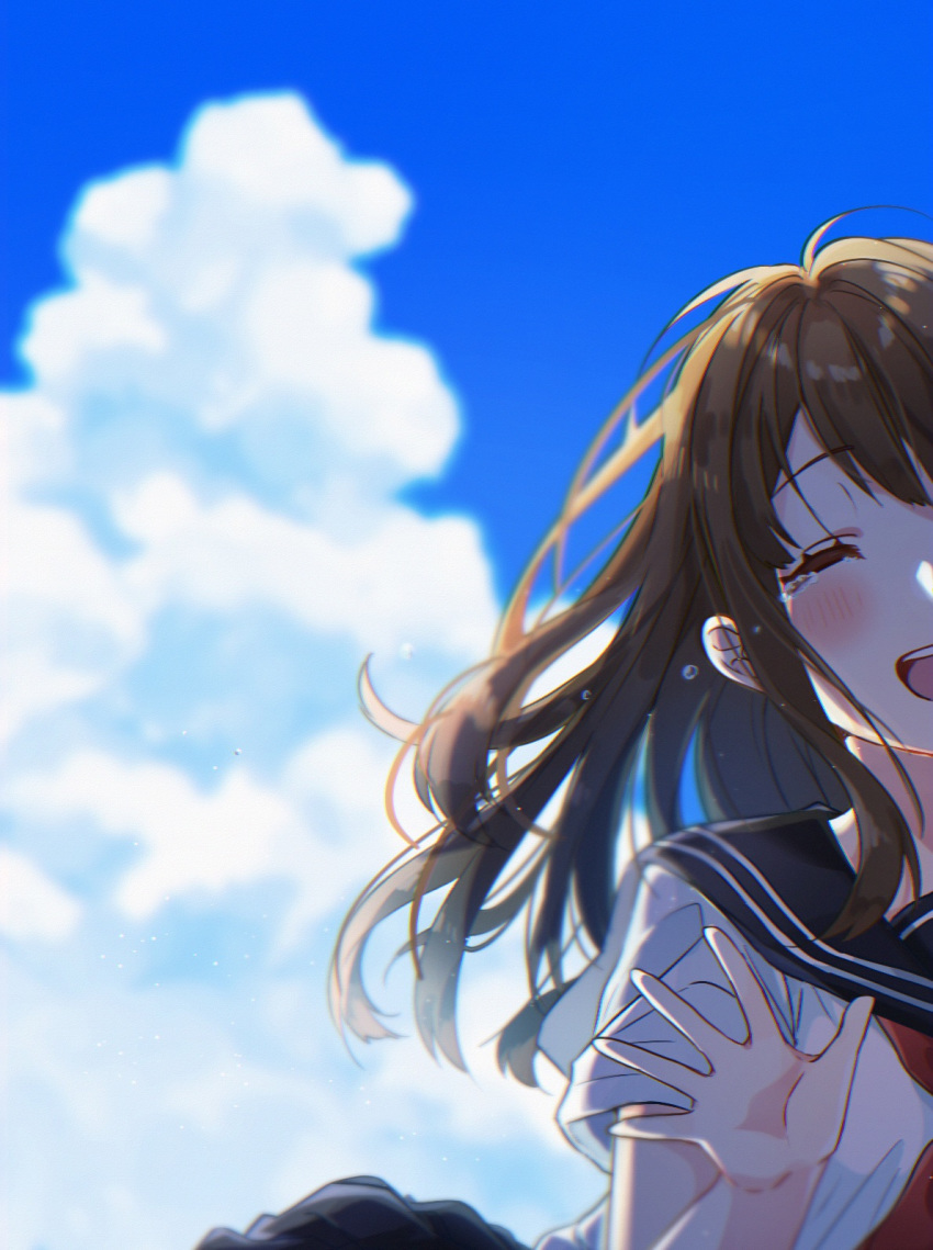 1girl :d ^_^ blue_sky blush brown_hair closed_eyes cloud cloudy_sky crying day eyelashes eyes_closed floating_hair hand_up happy highres long_hair open_mouth original outdoors sailor_collar school_uniform shirt sky smile solo sorakuu sunlight tears waving white_shirt wind wind_lift