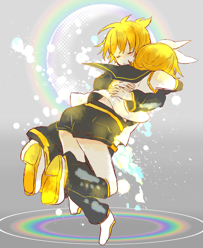 1boy 1girl 7:24 ^_^ blonde_hair checkered checkered_background closed_eyes detached_sleeves eyes_closed facing_away full_body grey_background hair_ribbon hands_on_another's_back hands_on_another's_back highres hug kagamine_len kagamine_rin liquid rainbow ribbon sailor_collar shirt short_hair shorts simple_background stain teeth vocaloid white_ribbon white_shirt