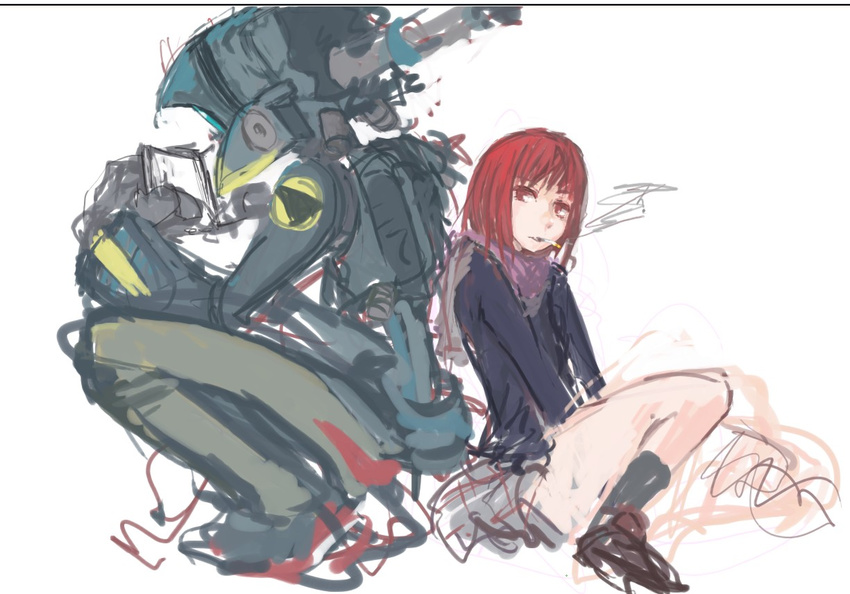 back-to-back canti cigarette flcl panties_(pantsu-pirate) red_eyes red_hair robot samejima_mamimi scarf school_uniform short_hair sketch smoking