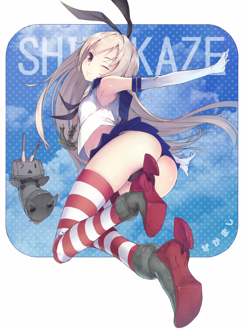 ;) absurdres anchor ass black_panties blonde_hair character_name elbow_gloves gloves hair_ornament hairband highres kantai_collection long_hair one_eye_closed panties rensouhou-chan shimakaze_(kantai_collection) shouin smile striped striped_legwear thighhighs thong underwear white_gloves